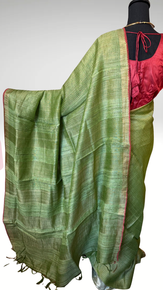 Light Olive Green sleeveless blouse saree Handloom silk Tussar with embroidery sleeveless silk blouses zari borders and fine checks Partywear bridesmaids