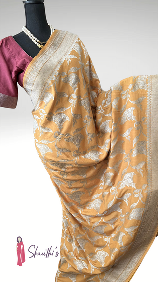 Pure mustard Banaras georgette saree with intricate silver zari weaving, handloom festive silk saree with ready blouse – online in USA.