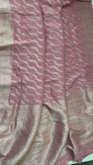 Shop pure Banarasi linen saree in pastel pink shade with silver zari detailing and prestitched padded blouse, easy drape saree USA.