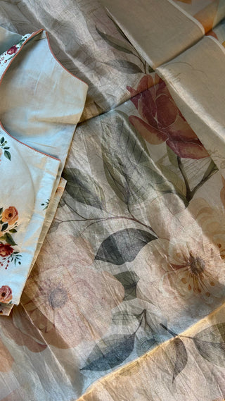 Cream Banarasi organza tissue saree with multicolor geometric border