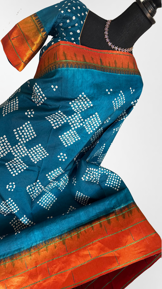 Handcrafted Bandhani Paithani silk saree with authentic handloom weave and copper zari finish, available for USA online shopping.
