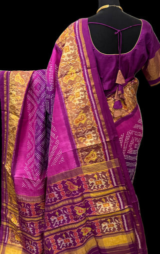 Purple Bhandhej  patola silk with gold pallu with stitched blouse usa online