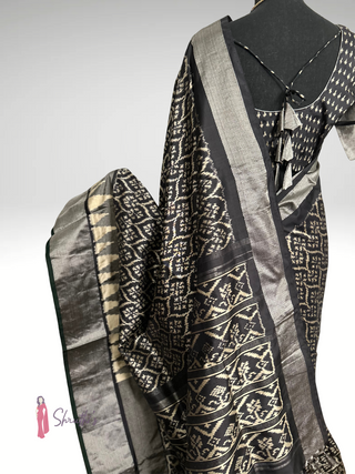 Handwoven black silver Ikat silk saree with Patola motifs and ready-to-wear blouse online USA