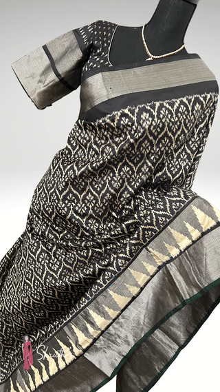 Black and silver pure Ikat silk saree Patola weave with zari border and prestitched blouse ready to wear online USA