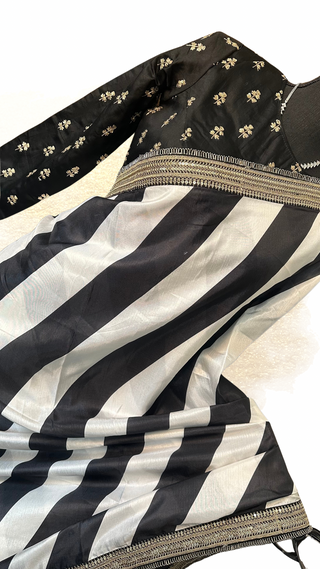 Designer black white party saree with long sleeve blouse