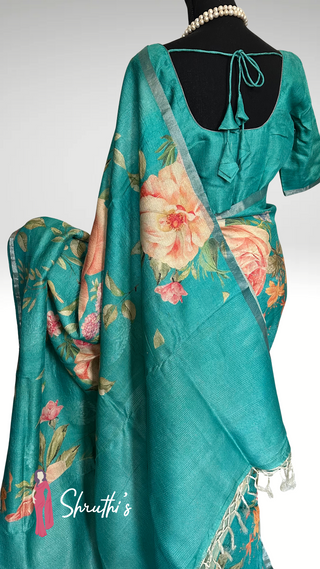 Pure turquoise Tussar silk saree with vibrant floral prints