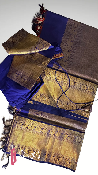 Elegant Blue Kanchi Pattu Saree with Gold Zari Border and Embroidered Ready-to-Wear Blouse – Indian Bridal Saree Online USA