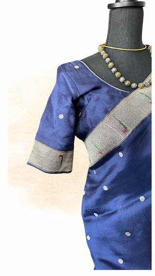 Blue organza soft weave saree with silver paithani inspired border