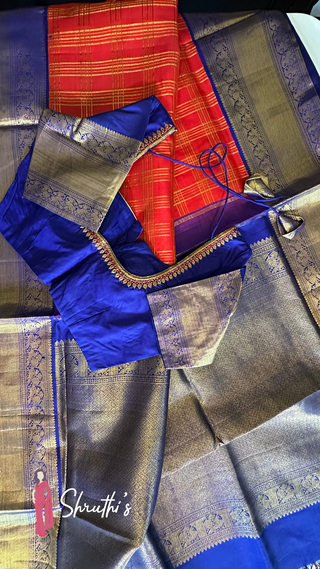 Blue and Red Kanchipuram Silk Saree with Pure Zari Border and Ready-to-Wear Blouse Featuring Intricate Aari Work – Indian Bridal Saree Online USA