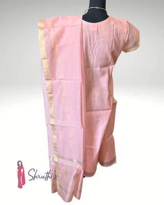 Peach pink organza salwar suit with gold zari motifs and zari-bordered dupatta – elegant ethnic Indian wear for pooja, temple, and gifting
