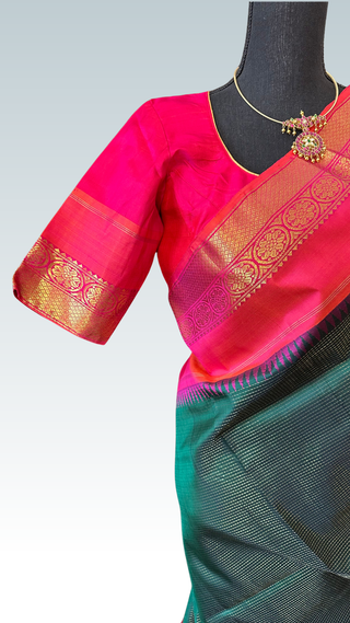 Bottle green and pink double shade pure Kanjivaram silk saree with gold zari checks