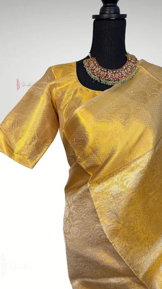 gold tissue kanjivaram silk saree pure zari handloom stitched blouse bridal wedding wear