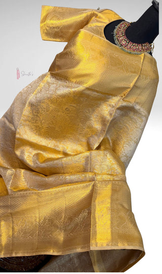 gold tissue silk saree pure zari border stitched blouse wedding reception wear