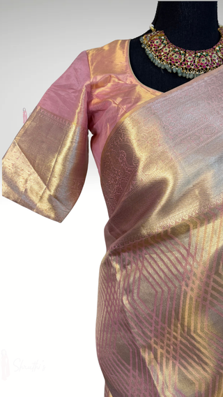 pastel pink tissue kanjivaram silk saree gold zari handloom stitched blouse bridal wedding wear