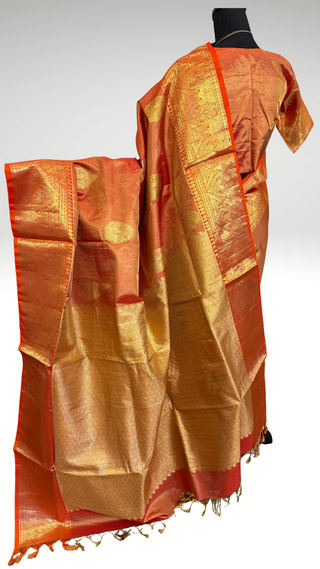 Red tissue kanchi pattu handloom saree with heavy pallu and stitched blouse perfect for pellicheera pellikuthuru, sangeeth and reception, USA free shipping available.