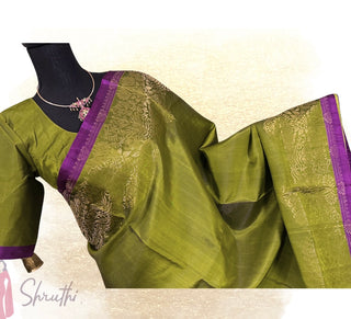 Pure silk saree with Pichwai-inspired temple designs, crafted in India.