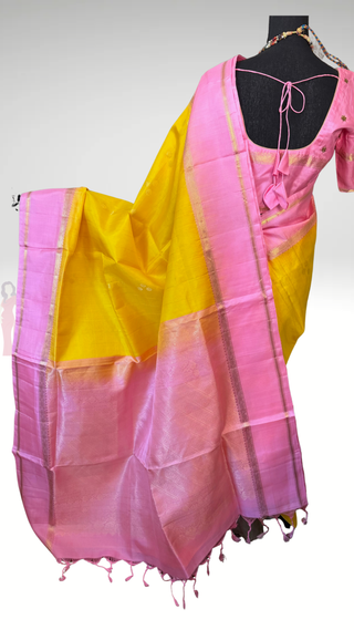 Bridal yellow tissue soft silk saree with antique zari handloom and ready stitched blouse