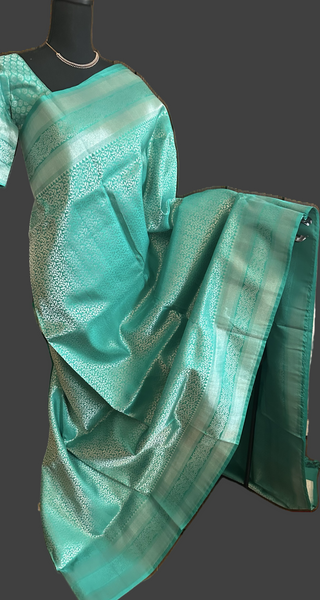 Traditional indian silk saree wedding silver zari with stitched blouse pastel green silk saree brocade weave