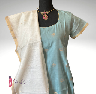 Light blue Chanderi silk salwar set USA, Readymade salwar kameez with ivory dupatta, Handwoven silk cotton salwar suit USA, Golden zari work salwar kameez USA, Buy Indian ethnic salwar online USA, Elegant Indian salwar suit for women USA, Shop Chanderi salwar kameez online USA, Pooja outfit for women USA, Traditional Indian attire USA shipping, Desi festive wear online USA