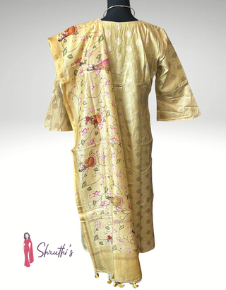 Buy Chanderi salwar suit with lotus print USA, Sandal color salwar suit for women USA, Indian ethnic wear with floral dupatta USA, beige Chanderi silk cotton dress material online USA, elegant pooja wear salwar kameez USA, temple-friendly ethnic suits USA, soft silk cotton salwar suit USA, handcrafted salwar kameez USA shipping, pastel festive salwar set USA online