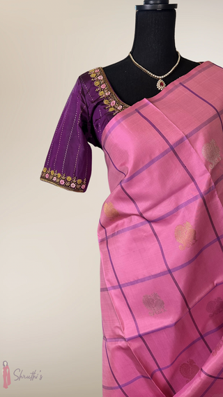 Lotus Pink Kanjivaram silk saree with stitched Hand Embroidered pure silver zari Gold zari Indian wedding muhurtam silk bridal blouse online shopping usa