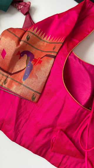 Pink silk blouse Gold pure zari birder Paithani blouse online usa silk blouses ready to wear online shopping blouse online