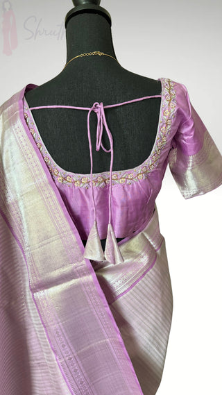 Pure Handloom Kanjivaram Pastel Lavender silk saree silver zari online stitched blouse brocade  blouse  one of a kind elegant easy drape  silk saree online shopping