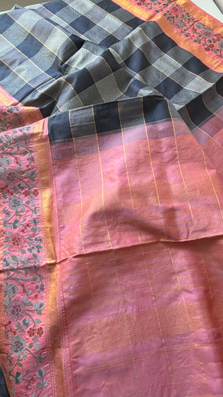 Handloom pure kanjivaram checks embroidered saree  zari Brocade weave silk embroidered borders easy drape finest weave saree