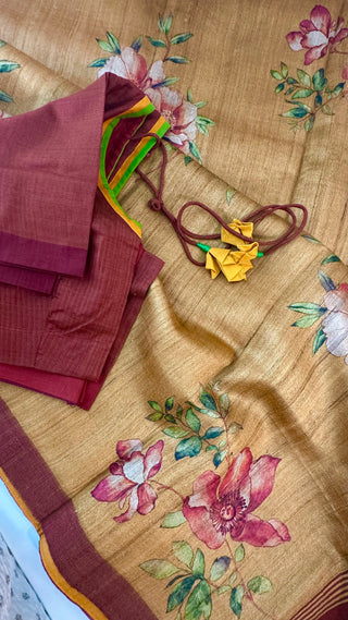 Gold saree tussar Partywear hand painted  silk saree online gold zari borders with blouse