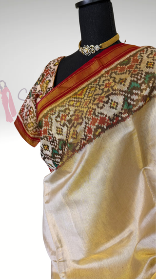 Pure Patola Silk Tissue Saree cream ikat blouse stitched blouse Partywear pooja wear ready to ship Saree USA altered to fit