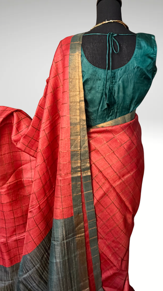 Crimson Red to bottle green sleeveless embroidered blouse with pure handloom saree Handloom silk Tussar with embroidery silk blouses zari borders and fine checks Partywear bridesmaids