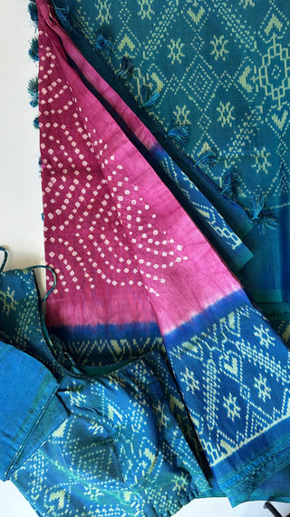 Handloom Pink Bandhini hand done bandhej on pure patola double ply silk saree silk finish pallu with prestitched blouse