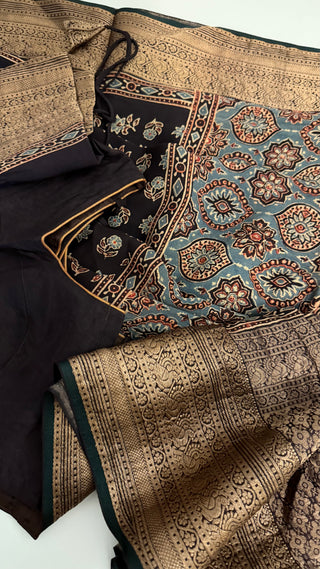 Handloom ajarakh hand block print with kanjivaram zari borders easy drape saree pallu silk with stitched blouse