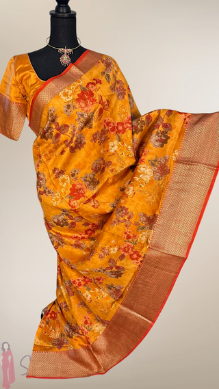 Printed Floral chinya orange  silk sarees with stitched blouse
