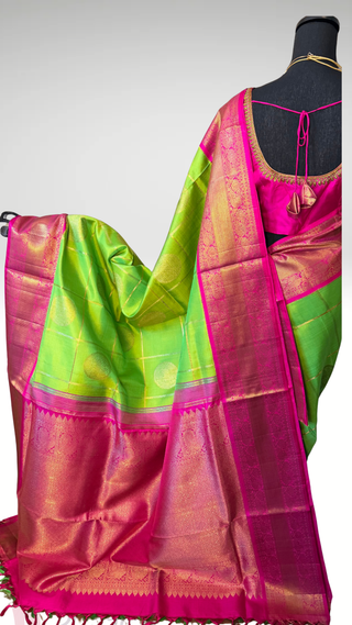 Parrot Green pink Gold checks kanjivaram silk saree with stitched Indian wedding muhurtam silk bridal blouse online shopping usa fine weave easy drape