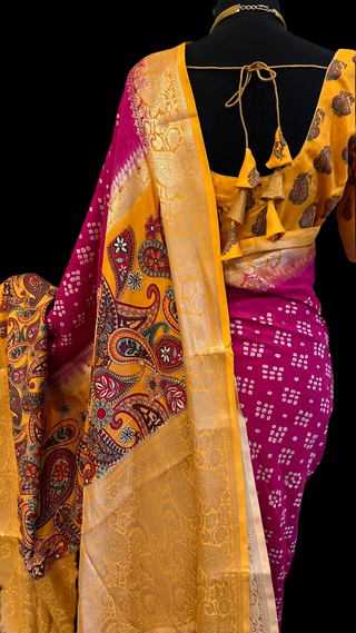 pink gajji bandhani silk saree online shopping with prestitched blouse