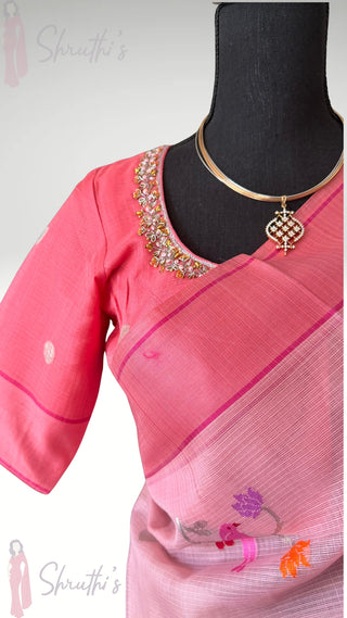 Handloom Pure zari Kota saree Pastel Pink silver zari with embroidered stitched blouse