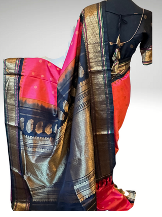 Pink dual shade color Gadwal handwoven silk saree with stitched blouse online