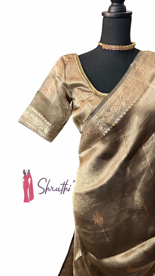 Greyish brown pure double tissue Beneras silk saree with stitched blouse USA 