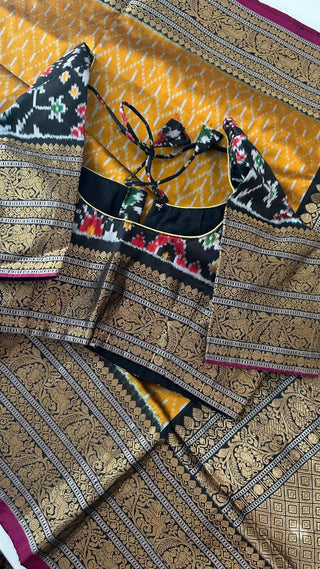 Mustard Black Pure Ikat Silk Saree Pure Silver Zari  HandloomWeave with Zari Border Ready to Wear Stitched blouses available Online USA Partywear