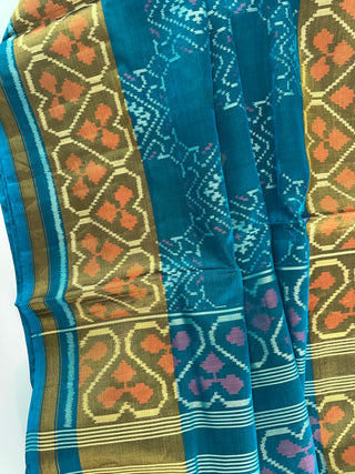 Peacock Blue  Green pure patan patola silk saree with  silk finish pallu with prestitched blouse