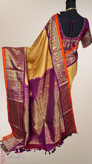 Gold Gadwal handwoven silk saree with stitched blouse online ready to ship USA