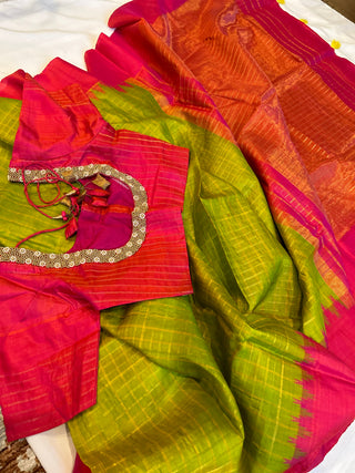 Green Gadwal handwoven silk saree with stitched blouse
