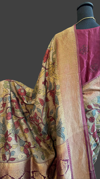 Pen Kalamkari Kanchi Pattu saree with zari  gold pure silk saree usa