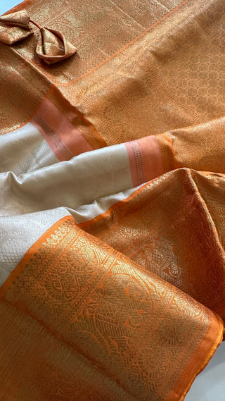Ven pattu Orange saree White Cream and purple pure zari kanjivaram silk saree with prestitched blouse embroidered blouse