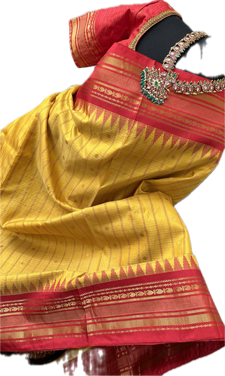Yellow checks Gadwal handwoven silk saree with stitched blouse