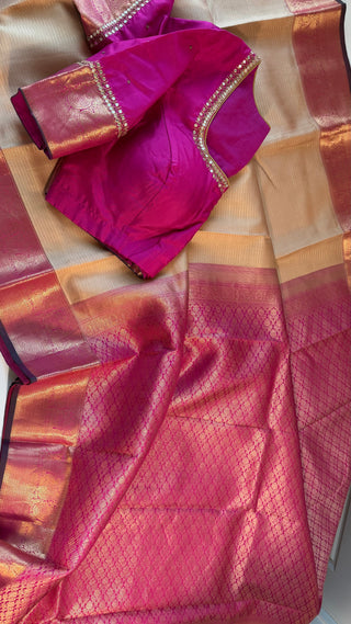 Handloom Pure kanchi Light Almond color  fine vairaoosi pure zari kanjivaram silk saree blouse and pallu indian wedding silk saree online usa