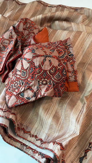 Tussar handloom silk with cut work kalamkari embroidered border saree online shopping with prestitched blouse