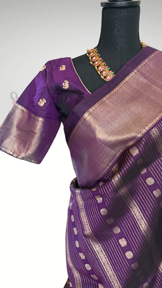 Pure Kanjivaram Handloom pure silk purple eggplant silver zari embroidered blouse  Handloom silk saree pure zari  Muhurtam Wedding Saree with ready to wear ship Blouse Online USA