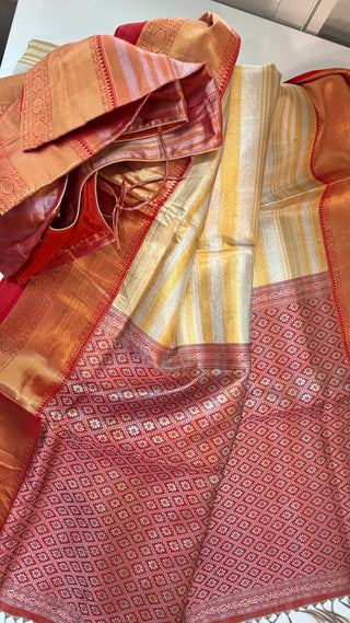 Gold Tissue red border Kanjivaram kalyana pattu ven pattu pure zari Pellicheera beige silk saree bridal with stitched hand embroidered blouse design USA Ratnamala vintage gold saree